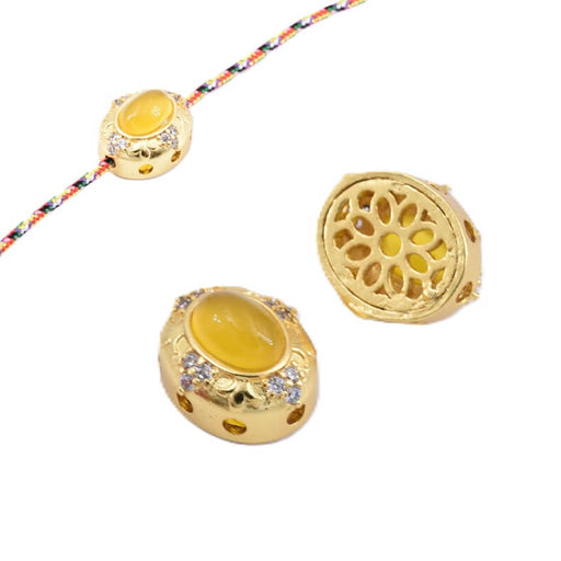 Multi-strand oval bead - Matte golden brass and yellow agate - 12x10mm (1)