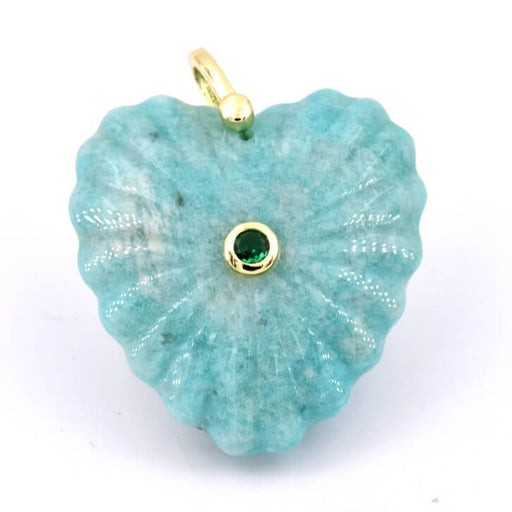 Heart pendant carved amazonite - golden brass and zircon 35x30mm (1)