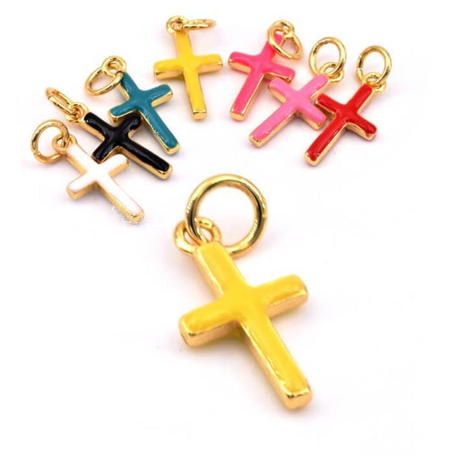 Buy Cross charm pendant Golden-plated brass yellow enamel - 15x8mm (1)