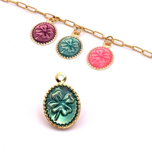 Buy Oval clover pendant in golden-plated brass with blue-green enamel, 12x10mm (1)