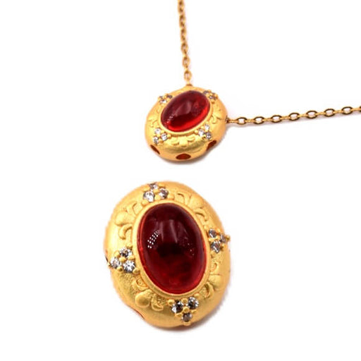 Buy Oval multi-strand bead - Matte goldenbrass - 12x10mm - red cabochon (1)