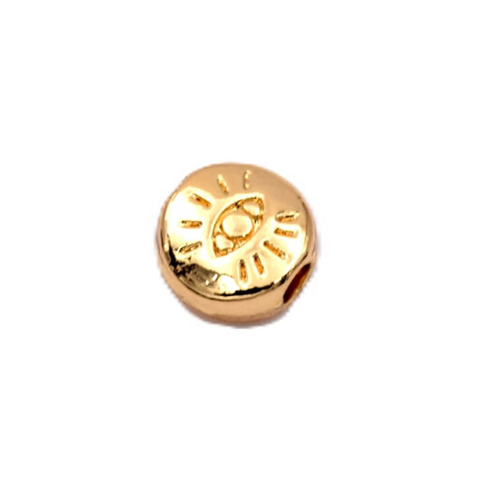 Round flat bead with engraved eye - golden brass - 6mm - Hole: 1.2mm (1)