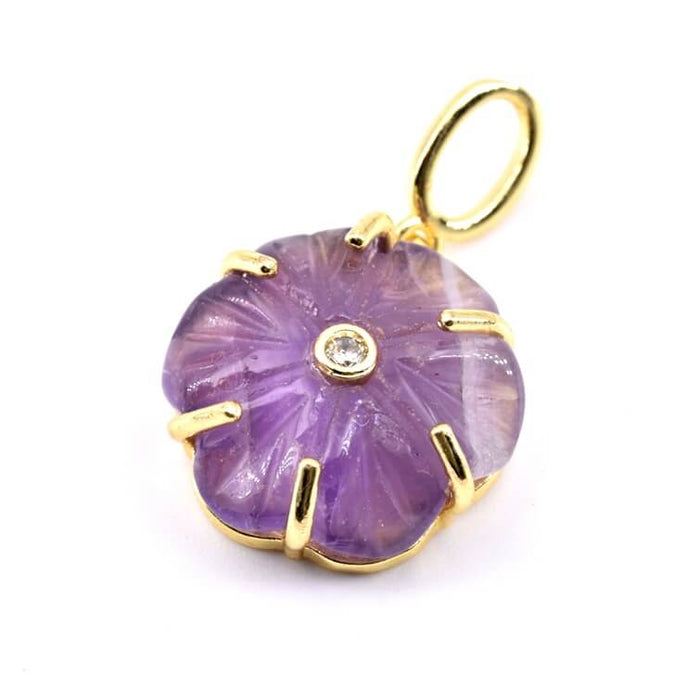 Amethyst and golden brass flower pendant 17mm - Hole: 4mm (1)