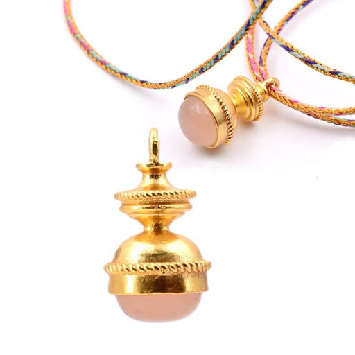 Ethnic pendant pink quartz - gold flash brass 26x14.5mm - Hole: 3mm (1)