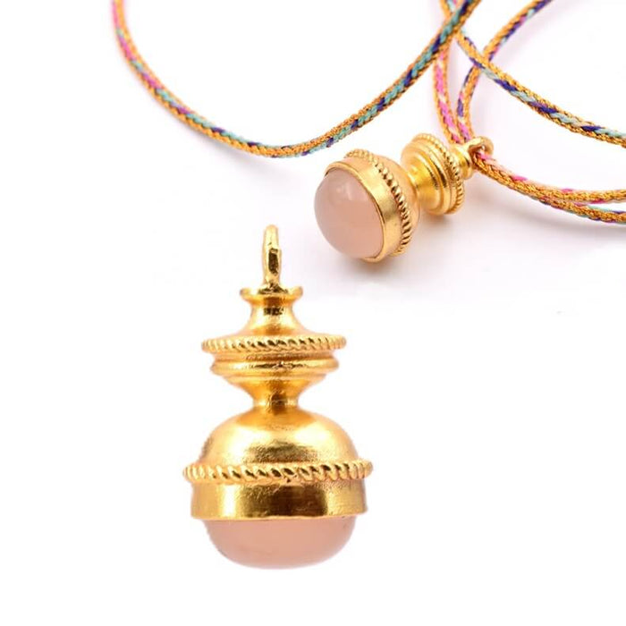Ethnic pendant pink quartz - gold flash brass 26x14.5mm - Hole: 3mm (1)