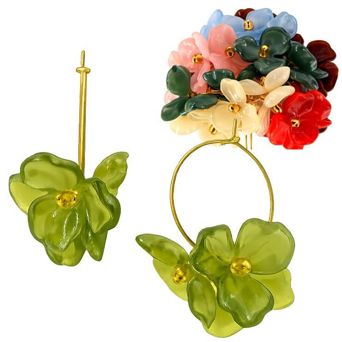 Olive acrylic petal earrings on 25mm golden steel hoops (1 pair)