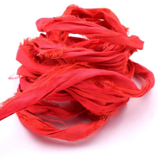 Recycled Sari Silk Ribbon - Frayed Crinkled - Red - (1m)