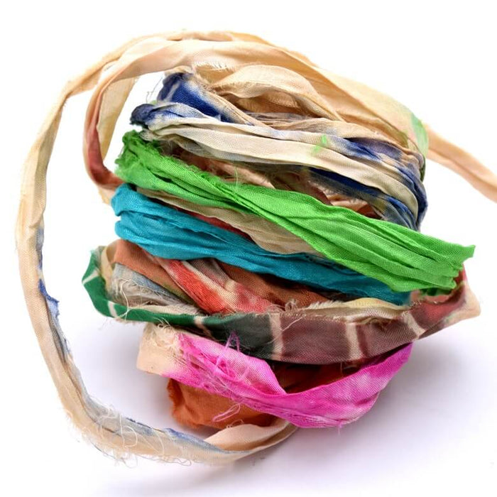 Recycled Sari Silk Ribbon Multicolored - Frayed and Crumpled - 30mm (1m)