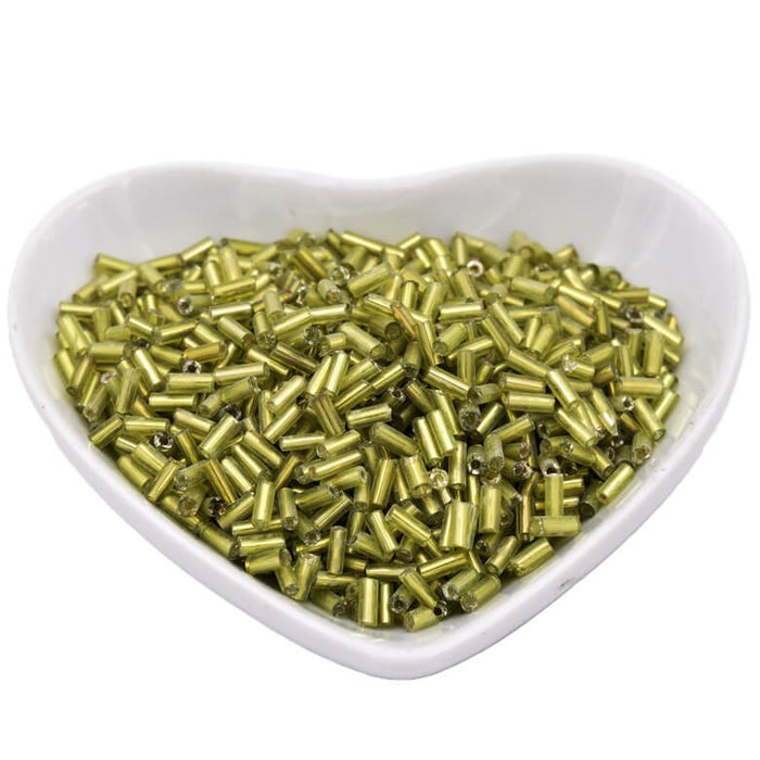 Silver-lined peridot glass bugle tube beads - 4-8x2mm (10g)