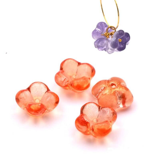 Orange and gold-plated glass flower bead, 10x6mm - Hole: 1mm (4)