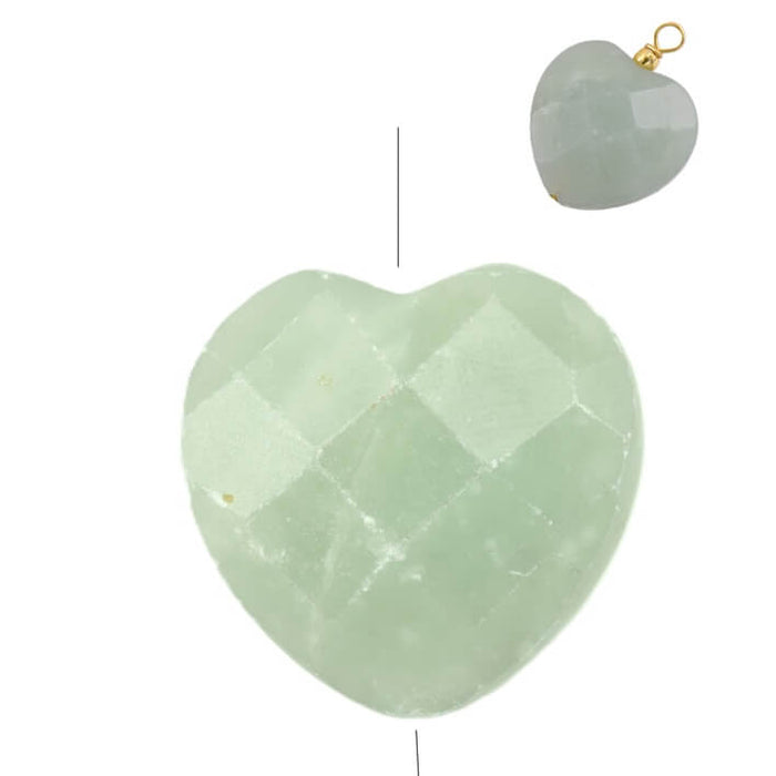 Faceted green jade heart pendant bead 25mm - Hole: 1mm (1)