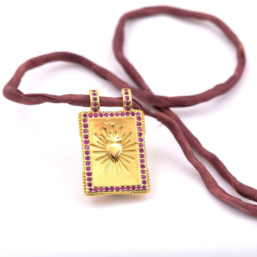 Buy Golden scapular rectangle pendant with fuschia pink zircon 22x17mm