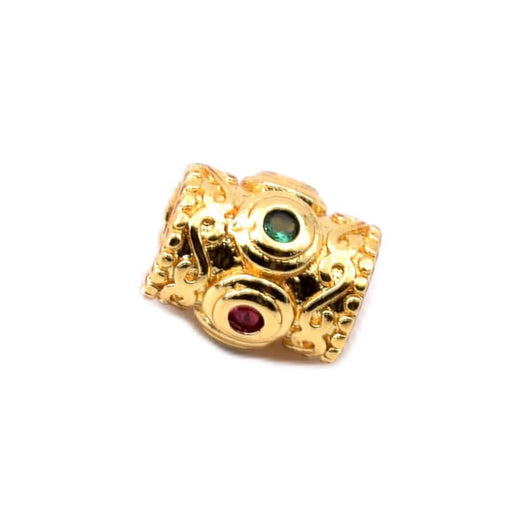 Tube bead with green and red zircons - Golden brass 8x7mm, hole: 3mm (1)