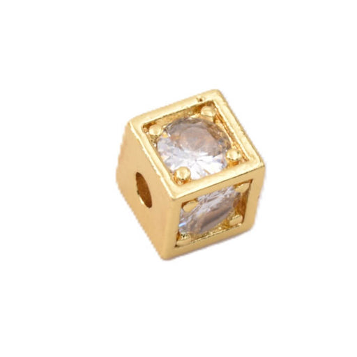 Cube bead with zircons - Golden brass - 7mm - Hole: 2mm (1)