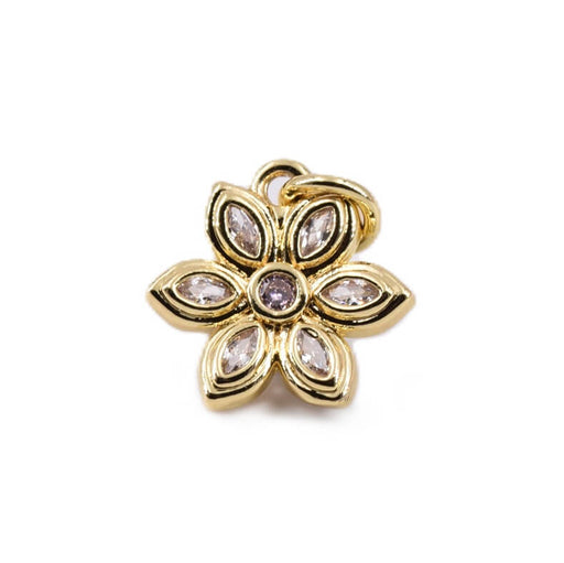 Golden metal flower pendant with central pink zirconia 13mm - Hole: 2mm (1)