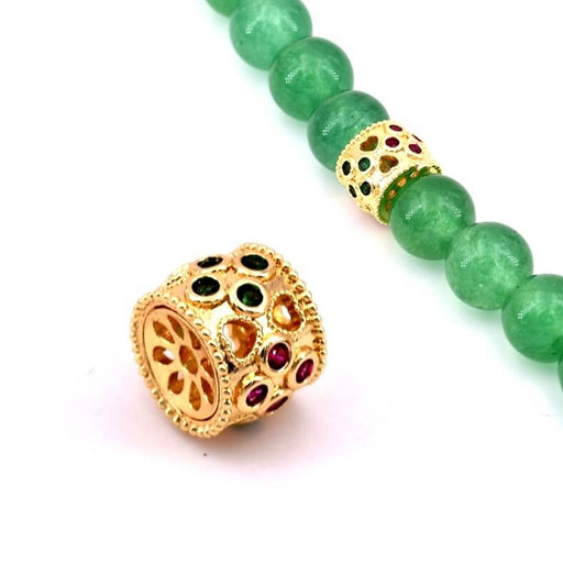 Buy Barrel Bead with Red and Green Zircon - 7x9mm Golden Brass (1)