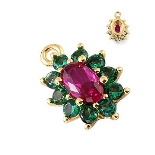 Flower Pendant with Green and Pink Zircon - 9mm Golden Brass - Hole: 0.8mm (1)