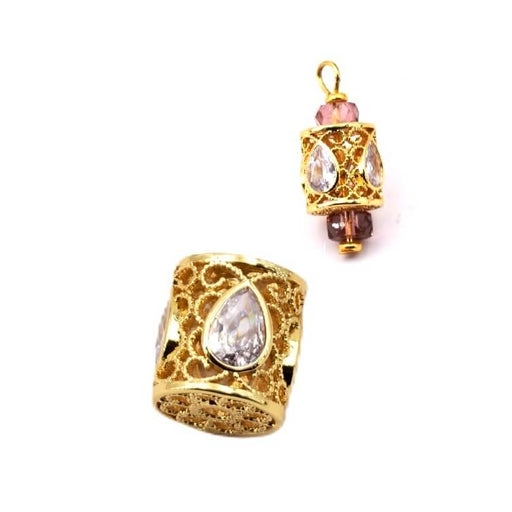 Tube bead with zircon Golden brass 11x10mm - Hole: 2mm (1)