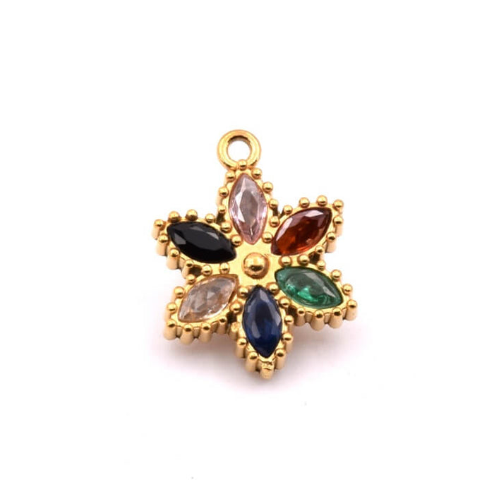 Flower Pendant with Zircons - 13mm - Golden Stainless Steel - Hole: 1mm (1)