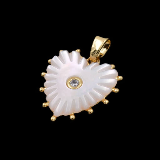 Heart shell pendant with zircon - golden brass - 18mm - Hole: 3mm (1)