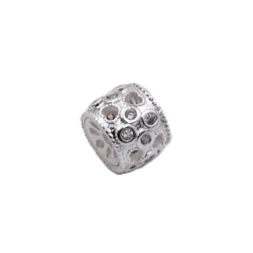Barrel bead with zircon -Silver-plated brass- 7x9mm (1)