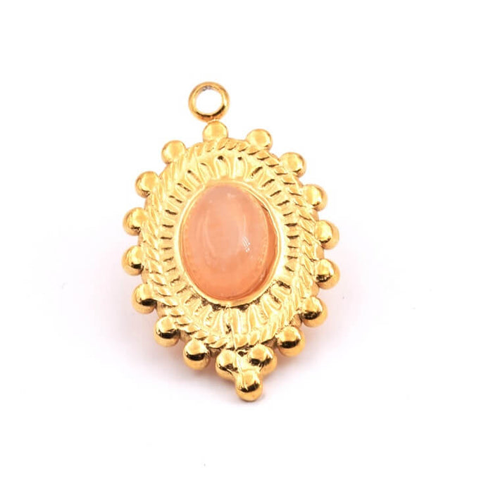 Pendant Oval Gold Stainless Steel - Monnstone pink Cabochon 20x15mm (1)