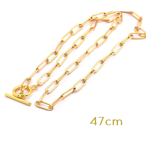 Paper clip Chain Necklace striated stainless Steel GOLD 47cm - 12x4x1mm with T-Clasp (1)