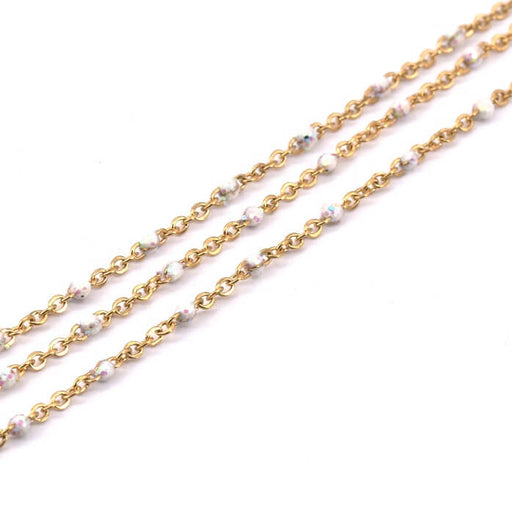 Buy Stainless Steel fine Chain, Golden with Iridescent White Enamel AB 1.5x1x0.2mm (50cm)