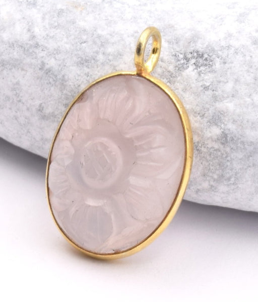 Buy Oval Pendant Flower Carved Rose Quartz - 925 gold plated 17x13mm (1)