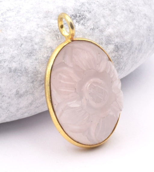 Buy Oval Pendant Flower Carved Rose Quartz - 925 gold plated 17x13mm (1)