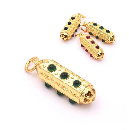 Hexagonal cylinder pendant 18K gold plated, 19x7mm, green zircons (1)