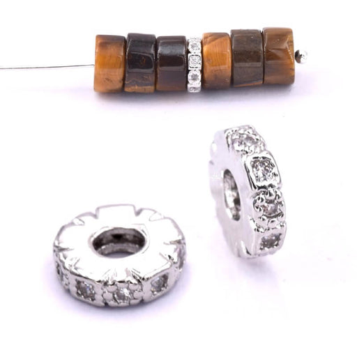 Buy Heishi rondelle bead with zircons brass rodhium color 6x1.5mm (1)