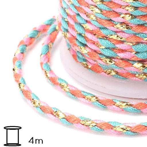 Buy Braided cotton cord pink- gold and turquoise thread - 2mm (4m spool)