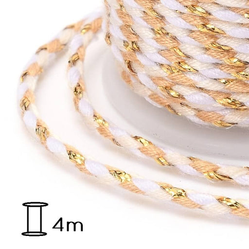 Buy Braided cotton cord Nude -White -gold thread - 2mm (spool- 4m)