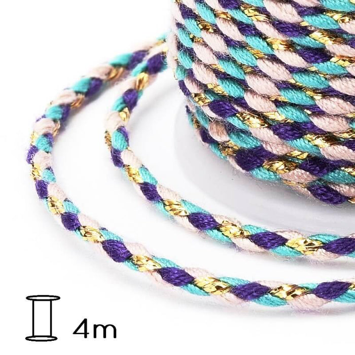 Braided cotton cord turquoise-purple - gold thread - 1.5mm (spool- 4m)