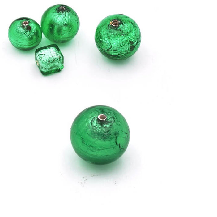 Murano Bead Round Green and Silver 6mm (1)
