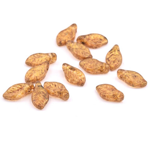 Buy Czech pressed glass Beads Leaf Amber and Gold 11x6mm (20)