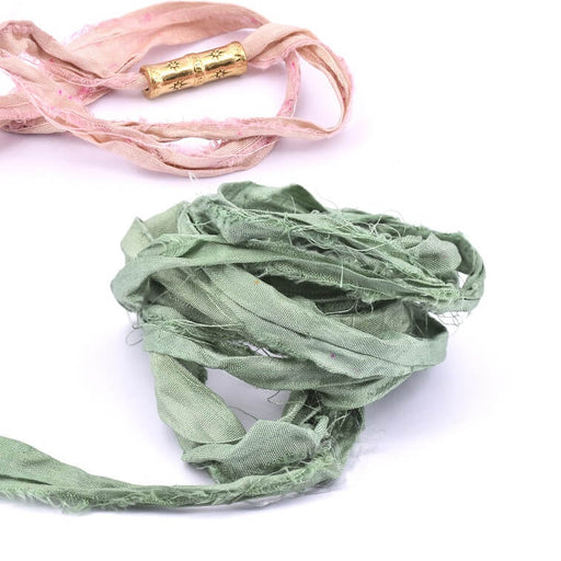 Buy Silk Ribbon Almond Green Crumpled Frayed Recycled Sari 3cm (1m)