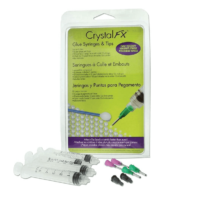Syringes and Tips for Thick Viscosity Glue - Crystal FX (1) The product is composed of 4 syringes of 5ml with 3 series of 2 tips. The 3 sizes of tips make it possible to adapt to the size of the object to be glued (flatback, cabochons etc.)