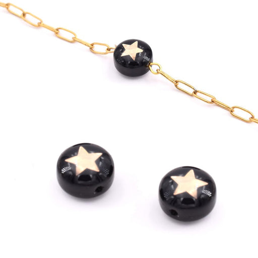 Buy Glass Bead flat Round Black With Star Golden 8mm - Hole 0.8mm (2)
