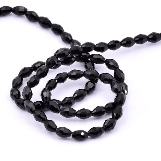 Buy Oval Bead Glass Faceted Black - 6x4mm - Hole: 0.8mm (1 Strand-40cm)