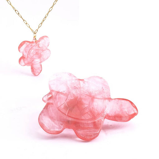 Carved Pendant Strawberry Quartz Turtle 45x36mm - Hole: 2mm (1)