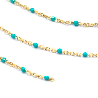 Stainless Steel fine Chain, Golden with turquoise enamel , 2x1.5x0.5mm (50cm)