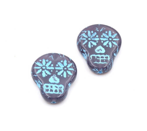 Czech pressed glass sugar skull Purple Opaline and Turquoise 15x19mm (2)