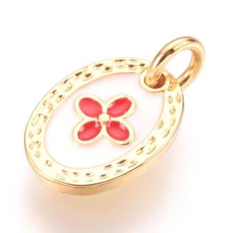 Charm pendant golden brass and white enamel whith red cross 9mm + ring (1)