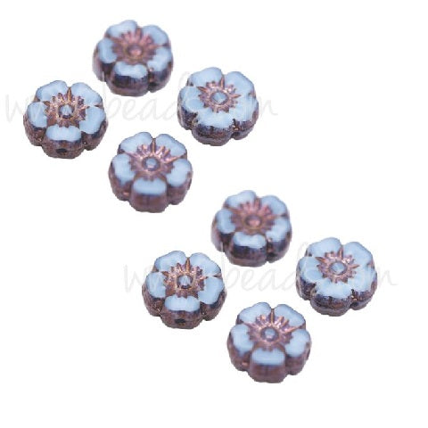 Czech pressed glass beads hibiscus flower Blue Sky and Purple Bronze 7mm (4)