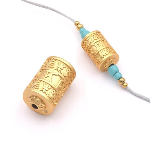Bead Tube column ethnic Brass golden high quality plated Mantra 21x12mm, hole 2mm (1)