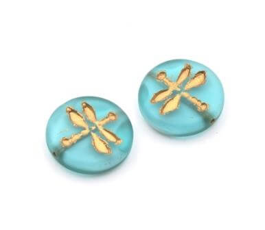 Czech pressed glass beads Dragonfly aqua blue transp matte white core and gold 12mm (2)