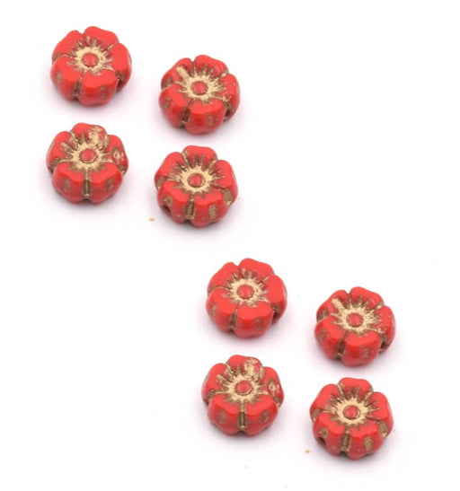 Czech pressed glass beads hibiscus flower bright red and gold 7mm (4)