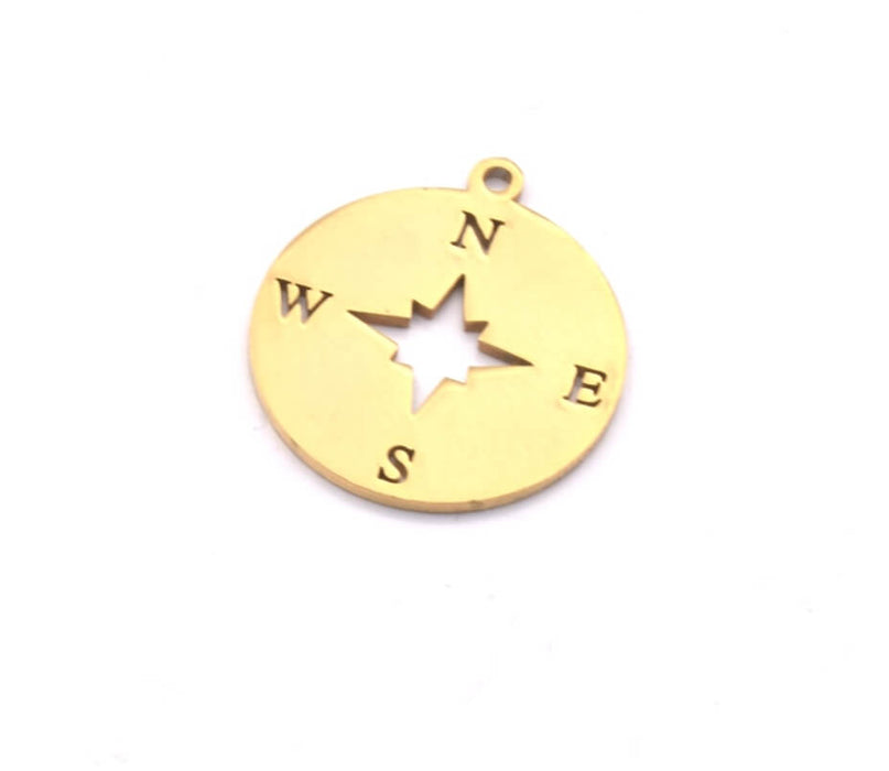 Stainless Steel Pendant charm, tag cardinal points, Golden, 19mm (1)